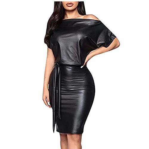 DRILEND Festival Outfit Damen,Damenkleider Sommer Damen Mode Kleid Elastische Leder EIN Hals Gürtel Gebetskleidung Für Frauen Abendkleid Lang Gepunktetes Kleid Rot Petticoat Kleid(Schwarz,S) von DRILEND