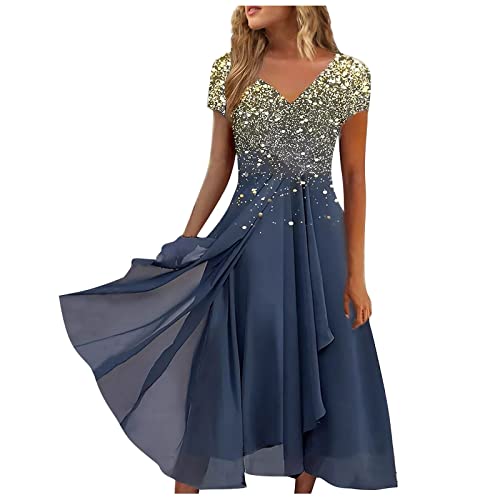 DRILEND Festliches Kleid Midi, Sommerkleid Damen Knielang Tunika Kleid Damen Sommer Kaftan Damen Midi Kleider Damen Abendkleid Mit Schlitz Schöne Kleider Zur Hochzeitsfeier Abendkleid (Gold,S) von DRILEND