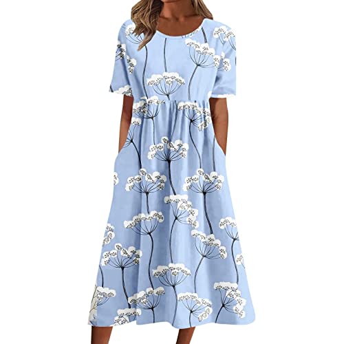 DRILEND Kleid Damen Frühling, Festliche Kleider Für Damen Leinenkleid Sommer Kleid Hochzeit Gast Kleider Für Damen Kleidung Lange Ballkleider Boho Druck O-Ausschnitt Kurzarm Mit Tasche (Hellblau,XL) von DRILEND