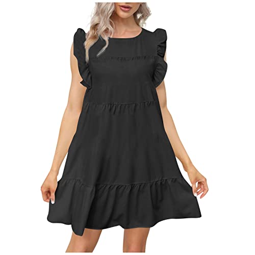 DRILEND Kleid Hochzeitsgast, Gebetskleidung Für Frauen Kleid Festlich Damen Kleides for Women Damen Rundhalsausschnitt Casual Kurze Ärmel Rüschen-Trim Sommer Minikleider Boho Kleidung (Schwarz,M) von DRILEND