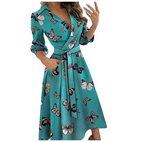 DRILEND Kleid Lang Elegant, Rockabilly Kleider Damen Gothic Kleidung Damen Urlaub Must Haves Damen Kleider Elegant Wickelkleid Damen Sommerkleider Damen Knielang Mittrlalter Kleid Grünes (Blau,L) von DRILEND