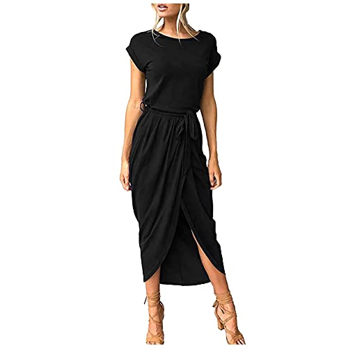 DRILEND Kleid Midi, Kleider Damen Festlich Festival Outfit Midi Damen Sommer Einfarbig Kurzärmelig Bund Schlank Unregelmäßig Kleid Damen Kleider Elegant Damenkleider Sommer Italienische (Schwarz,M) von DRILEND