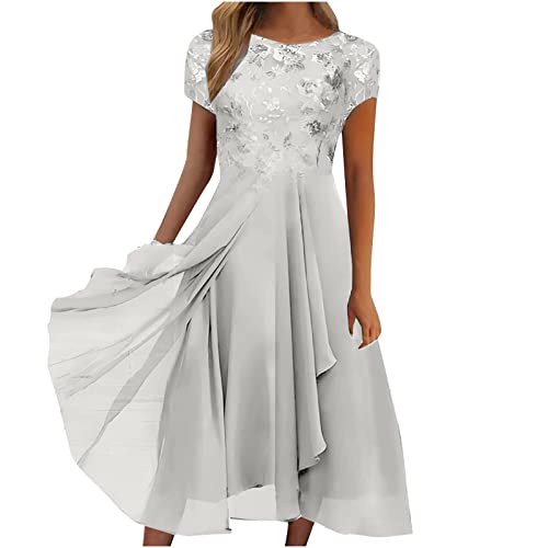 DRILEND Kleid Sommer Kurz, Damen Kleider Sommer Kleid Elegant Schöne Zur Hochzeitsfeier Damen Kleid Chiffon Elegantes Spitze Patchwork Ausgeschnitten Langes Brautjungfer Abendkleid Gothic (Weiß,M) von DRILEND