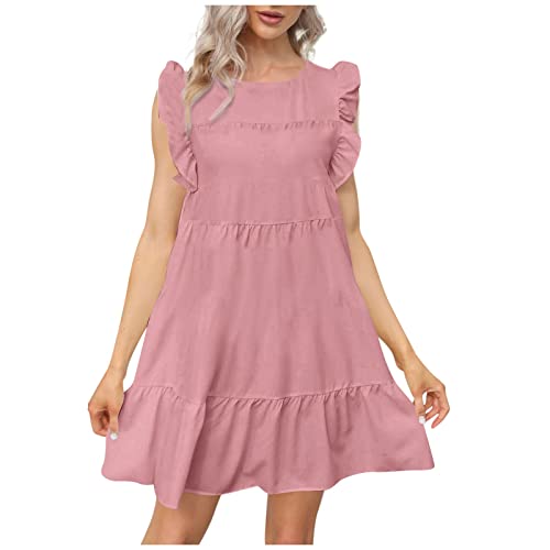 DRILEND Kleider Für Hochzeitsgäste,Strandtunika Damen Damen Rundhalsausschnitt Casual Kurzarm Rüschen-Trim Sommer Mini Kleider Sexy Outfit Für Damen Girl Aesthetic Sommerkleid Kurz Leicht (Rosa,XL) von DRILEND