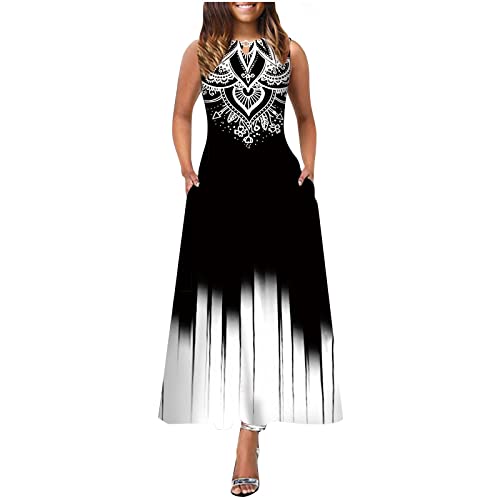 DRILEND Lange Sommerkleider, Glitzer Kleid Sommer Kleider Für Damen Lange Abendkleider Damen Casual Druck Großen Saum Dresswave Rundhalsausschnitt Ärmelloses Langes Kleid Mittelalter (Weiß,S) von DRILEND