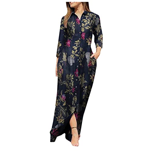 DRILEND Maxi Kleider,Chiffon Kleid Schöne Kleider Kleider Für Mollige Frauen Festlich Vintage Kleider Kleider Schnittmuster Kleider Damen Herbst Kleider Luftig Lang Damen Kleider(Dunkelblau-2,XL) von DRILEND