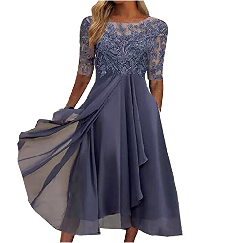 DRILEND Maxikleider Damen Sommer,Brosche Damen Damen Kleid Chiffon Elegantes Spitze Patchwork Ausschnitt Langes Brautjungfer Abendkleid Strandkleider Damen Sommer Schöne Kleider (Violett,XXL) von DRILEND