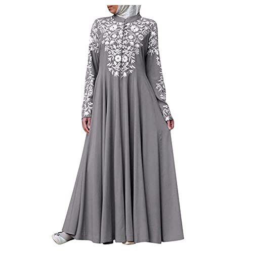 DRILEND Maxikleider Damen Sommer,Brosche Damen Damen Muslimisches Kleid Kaftan Arab Jilbab Spitze Nähte Maxi Leinenkleid Damen Sommer Sommerkleid Kurz Halloween Kostüm Italienische Kleider(Grau,XL) von DRILEND