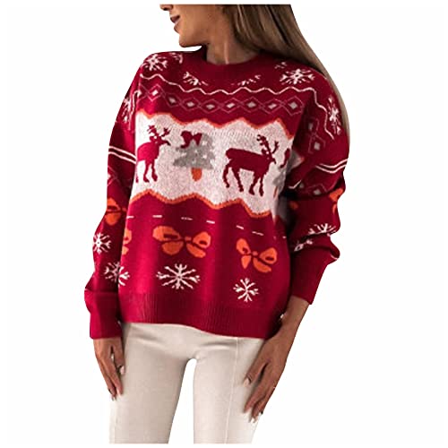 DRILEND Merry Christmas Pullover Damen,Damen Winter Baumwolle Norweger Weihnachten Pullover Damen Sportlich Strick Frauen Pullover Damen West Queen Und Pullover Kleidung Frauen Glitzer(Rot-2,XL) von DRILEND