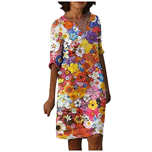 DRILEND Mittelalter Kostüm Damen,Sommer Outfits Damen Damen Sommer V-Ausschnitt -Custom Plus Size Print Lose Mid-Ärmel Kleid Abendkleider Elegant Für Hochzeit Neckholder Kleid Damen Kekoo (Rot,4XL) von DRILEND