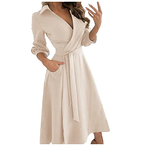 DRILEND Overkleided Kleid, Damen Kleider Sommer Für Hochzeitsgäste Kleid Damen Casual Revers Feste Farbe Sieben-Teilige Ärmel Lange Kleider Maddy Kleid Sommer Outfits Damen (Beige,L) von DRILEND