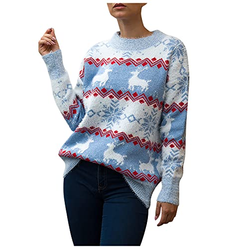 DRILEND Pullover Mit Weihnachtsmotiven,Damen The Sweatshirt Lieblingsstü Pullover Damen Kuschelige Dicker Winter Pullover Damen Elegant Frauen Striped Pullover Sport Fitness Baumwoll(Blau,L) von DRILEND