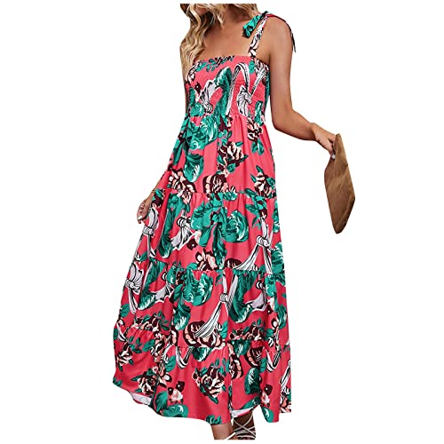 DRILEND Sexy Damen Für,Dresses for Women Damen Mode Rundhalsausschnitt Rüschenärmel Frühling Sommer Kleid Maxikleider Damen Sommer Kleider Elegant Strandkleider Weiß Blusenkleid Damen(Heißes Rosa,XL) von DRILEND