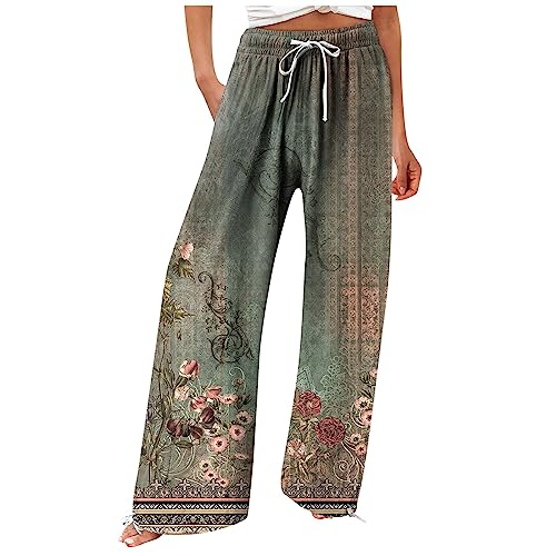 DRILEND Sommer Hosen Damen Locker, Sport Capri Damen Haremshose Cargo Hosen Frauen Hosen Für Damen Flowy Sommer Hohe Taille Weites Bein Print Hose Casual Hosen Weite Hose Große Größen (Grün,XL) von DRILEND