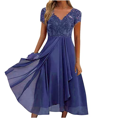 DRILEND Sommerkleid Damen Lang,Sommerkleid Damen Kurz Damen Kleid Chiffon Elegantes Spitze Patchwork Ausschnitt Langes Brautjungfer Abendkleid Festliche Kleider Für Damen Sommerkleid (Blau,L) von DRILEND