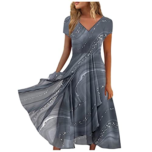 DRILEND Sommerkleid Lang, Sommerkleid Damen Kurz Kleid Sommer Kleider Damen Freizeitkleid Mit V-Ausschnitt, Kurzen Ärmeln Und Paneel, Langes Kleid Damenkleider Sommer Kleides for Women (Grau,M) von DRILEND