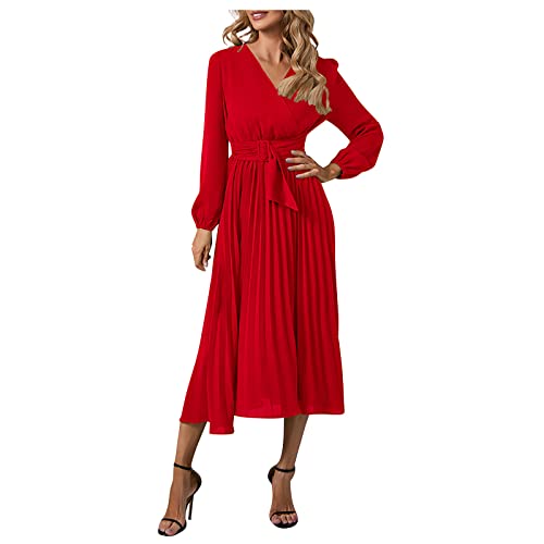 DRILEND Standesamtkleider,Indische Kleider Abend Kleider Kurze Elegant Brautmutterkleid Knielang Maxi Kleider Hochzeitsgast Kleid Midi Festlich Schulterfreie Kleider Kleid Langarm(Rot-d,XXL) von DRILEND