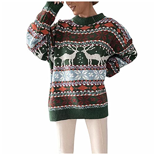 DRILEND Weihnacht Pullover Frauen,Damen Pulli Fleece Pullover Damen Bedrucken Lassen Umstandsmode Pullover Damen Winter Baumwolle Norweger Weihnachten Pullover Norwegerpulli Sexy Winter(8-Grün,L) von DRILEND