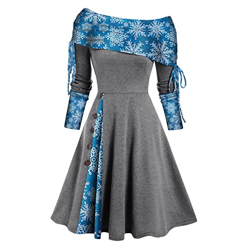 DRILEND Weihnachten Abendkleid Größen, Chiffon Kleid Kleider Damen Herbst Sexy Chiffon Kleider Langarm Kleid Festlich Schöne Festliche Kleider Musterschnitt Kleider(Grau-9,XL) von DRILEND