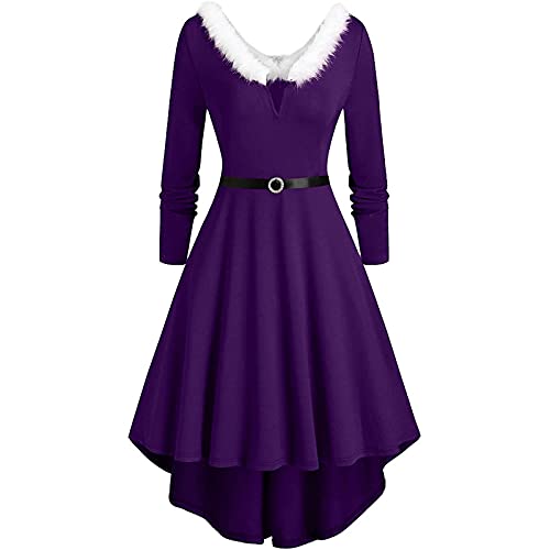 DRILEND Weihnachten Festliche Kleider Für Damen 50 Jahren, Damen Kleider Lange Kleider Damen Herbst Abendkleid Lang Elegant Kleid Mit Schößchen Kleid Geburtstag Herbstkleid Damen Midi(1-Lila,XL) von DRILEND