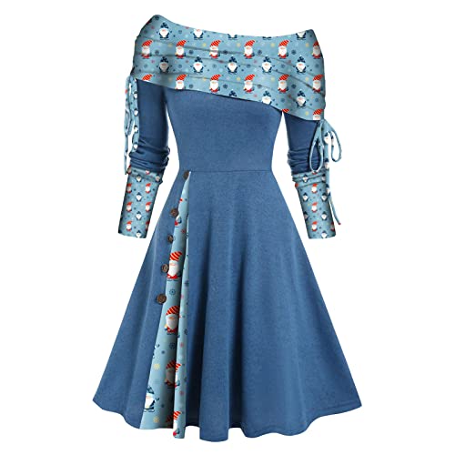 DRILEND Weihnachten Kleiderdamen, Musselin Kleid Kleider 70Er Jahre Stil Kleider Damen Herbst Sexy Eng Anliegendes Kleid Jacke Für Abendkleid Orangdesign Kleider(Blau-6,XXL) von DRILEND