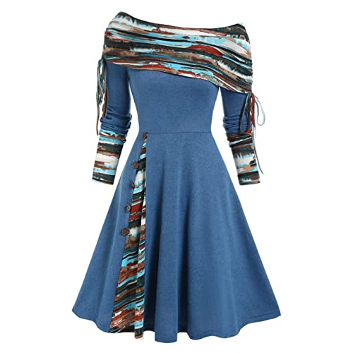 DRILEND Weihnachten Kleiderdamen Damen Festlich, Plisseekleid Kleider Lang Elegant Rückenfreie Kleider Strickkleid Damen Herbst Herbst Kleider Luftig Knielang Ballkleider(1-Blau,L) von DRILEND