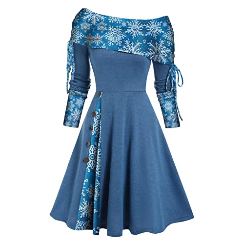 DRILEND Weihnachten Schlankmachende Festliche Kleider, Satin Kleid Lange Kleider Damen Elegant Strickkleid Damen Shirtkleider Damen Taufkleid Damen Kleider Weit Geschnitten(Blau-9,S) von DRILEND