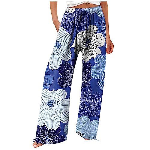 DRILEND Weite Hosen Damen Sommer, Musselin Hose Damen Nadelstreifen Damenmode Bedruckte Hose Mit Hoher Taille Lose Freizeithose Flatterhose Damen Sommer Hosen Lackhose Garten(Blau,XL) von DRILEND