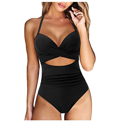 Damen Bikini Set, Sport Bikini Damen Push Up Damen Solid Cutout Badeanzug Cross Back Bikini Sportlich Damen Delias Postkarte(Schwarz,XL) von DRILEND