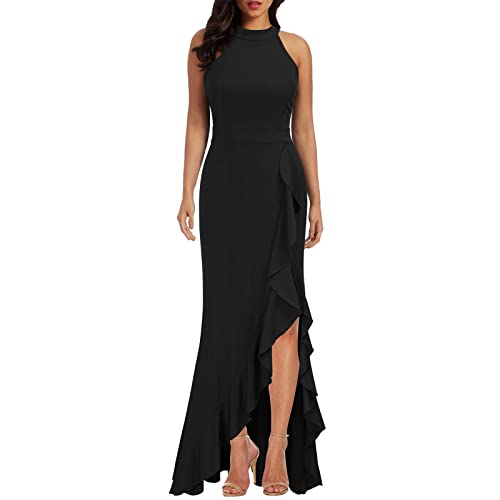 Festival Outfit Damen, Festliche Kleider Für Damen Schöne Günstige Mittelalter Kleid Damen High Halter Neck Sexy Split Body-Con Abend Cocktail Party Maxi Lang Formales Kleid Vintage (Schwarz,XL) von DRILEND