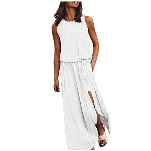 Festival Outfit Damen,Strandkleid Damen Lang Damen Ärmellose Casual Solid-Color Sommer Swing Lange Kleider Party Strand Rundhalsausschnitt Sommerkleider Sexy Damen Für Abendkleid (Weiß,XL) von DRILEND