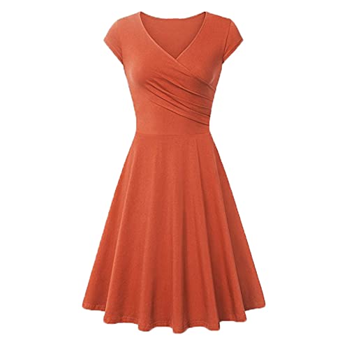 Gepunktetes Kleid Damen, Kleider Für Hochzeitsgäste Kleid Mit Hose Drunter Ballkleider Damen Lang Mode Damen Solid Color Kleid V-Ausschnitt Kurze Ärmel Abend Party Abendkleider (Orange,M) von DRILEND