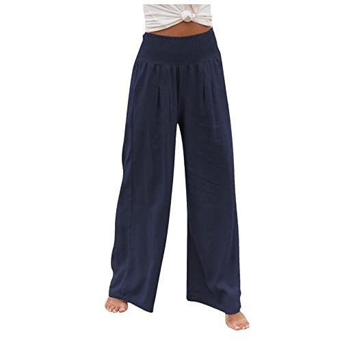 Hose Damen, Damen Cargo Hose Urlaub Schlafanzughosen Für Damen Casual Loose High Waist Baumwolle Leinen Wide Leg Long Hosen Mit Tasches Hosenrock Sommerhose Damen Lang Sommer (Marine,3XL) von DRILEND