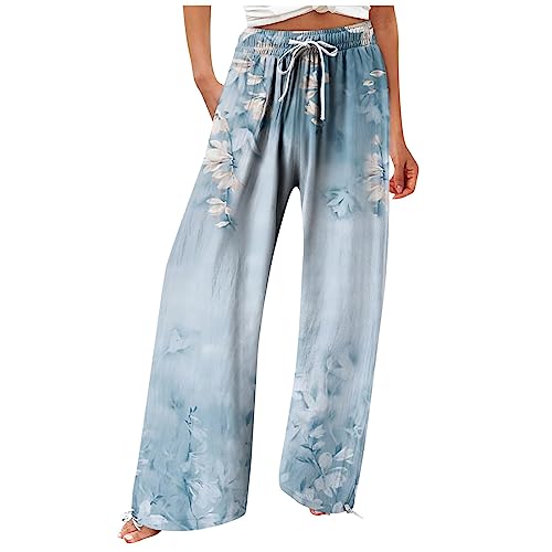 Hosen Damen Schlitz, Sport Capri Damen Hose Sommer Elegant Kochhose Damen Hose Casual Loose High Waist Cotton Linen Wide Leg Long Hosen Mit Taschen Damenhosen Elegant Sommer (Blau,3XL) von DRILEND