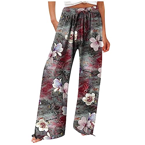 Hosen Damen Sommer, Jogginganzug Damen Luftige Sommerhose Business Hose Hosen Für Damen Flowy Sommer Hohe Taille Weites Bein Print Hose Casual Hosen Just Fashion Now Damen (Grau,S) von DRILEND