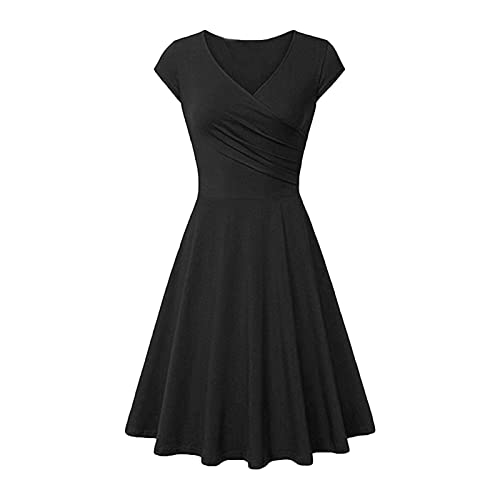 Kleid Damen Sommer, Kleid Hochzeitsgast Damen Sommer Outfits Damen Mode Damen Solid Color Kleid V-Ausschnitt Kurze Ärmel Abend Partykleid Rlsa Kleid Enge Schwarze Kleid(Schwarz,L) von DRILEND