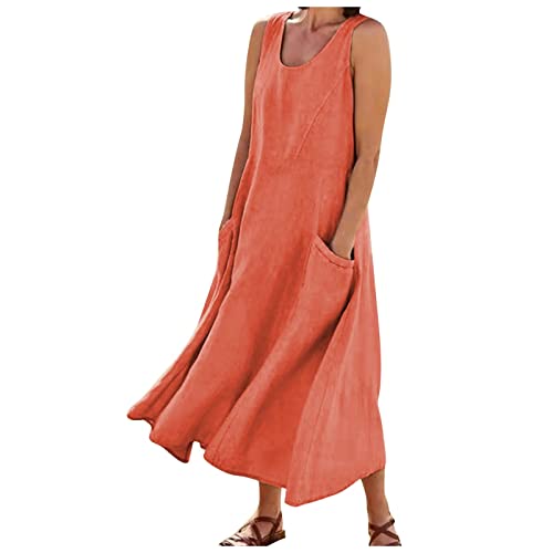 Kleid Damen Sommer, Prom Dress Schöne Kleider Zur Hochzeitsfeier Damen Mode Casual Solid Colour Ärmellose Baumwolle Leinen Tasche Kleid Bandage Kleid Hosenkleid Damen(Orange,3XL) von DRILEND