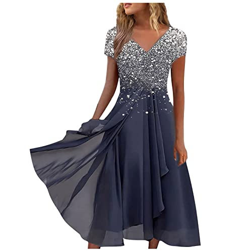 Kleid Damen Sommer,Leinenkleid Damen Sommer Damen Casual Gedruckt V-Ausschnitt Zip Kurze Ärmel Paneel Große Lange Kleid Mittelalter Kostüm Damen Abendkleid Lang Cute Kleid Abendkleid (Dunkelblau,L) von DRILEND