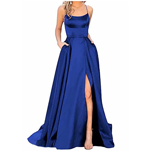 DriLend Kleid Hochzeitsgast Damen, Strickkleid Damen Abendkleider Elegant Lang Sommer Damen Lange Ballkleider Elegant Neckholder Rückenfrei Kleider A-Linie Criss-Cross Satin Spaghetti (Dunkelblau,M) von DRILEND