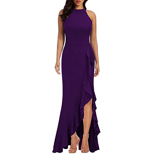 Kleider Damen Festlich,Italienische Mode Damen Damen High Halter Neck Sexy Split Body-Con Abend Cocktail Party Maxi Langes Formales Kleid Kleider Damen Sommer Erstkommunion Kleid (Lila,M) von DRILEND