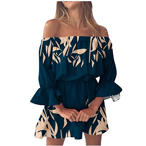 Kleider Damen Festlich,Outfit Damen Damen Casual Sexy One Shoulder Mid Waist Printed Ruffle Sleeve A-Line Kleid Kleider Für Hochzeitsgäste Midi Damen Karo Kleid Party Outfit Damen(Marine,M) von DRILEND