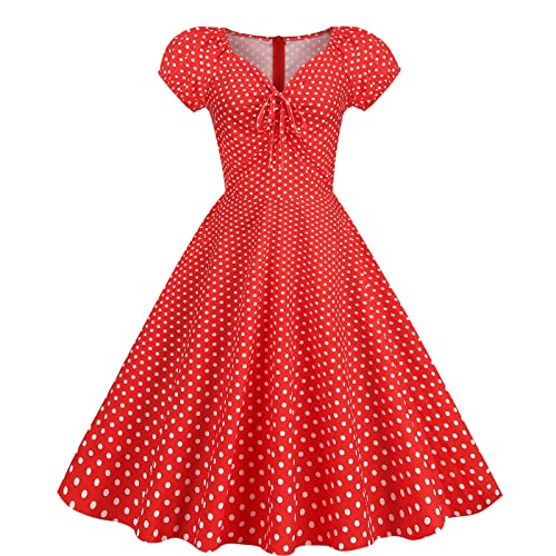 Kleider Damen Festlich,Sommerkleid Midi Damen Sommer Retro Rock Europäisch Und Amerikanisch Kurzarm Pünktchen Druck Großer Saum Sommerkleid Damen Knielang Girl Aesthetic Volant (Rot,L) von DRILEND