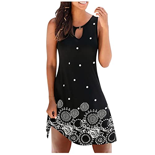 Kleider Damen Festlich Elegant, Dresses for Women Damen Sommerkleid Kleider Für Frauen Casual Sommer Floral Gedruckt Tank Ärmelloses Kleid Hollow Out O-Ausschnitt Loose Beach (Schwarz,L) von DRILEND