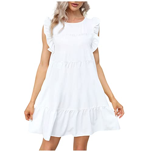 Kleider Damen Sommer,Brautjungfernkleider Lang Damen Rundhalsausschnitt Casual Kurzarm Rüschen-Trim Sommer Mini Kleider Ballkleider Damen Lang Etuikleid Elegant Geblümte Kleider Korean Fashion(Weiß,L) von DRILEND