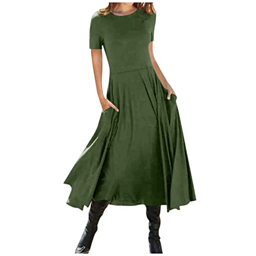 Kleider Für Hochzeitsgäste, A Linien Kleid Damen Sommer Boho Kleid Damen Mode Sommer Feste Farbe Kurze Ärmel Tasche Pullover Kleid Hologramm Kleid Luftige Sommerkleider Midi(Armeegrün,XL) von DRILEND