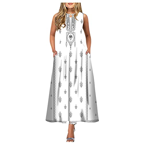 Kleider Sommerlich, Kleid Hochzeit Gast Strandkleid Damen Lang Sommer Kleidung Für Damen Casual Druck Großen Saum Dresswave Rundhalsausschnitt Ärmelloses Langes Kleid Kleid 20Er (Weiß,S) von DRILEND