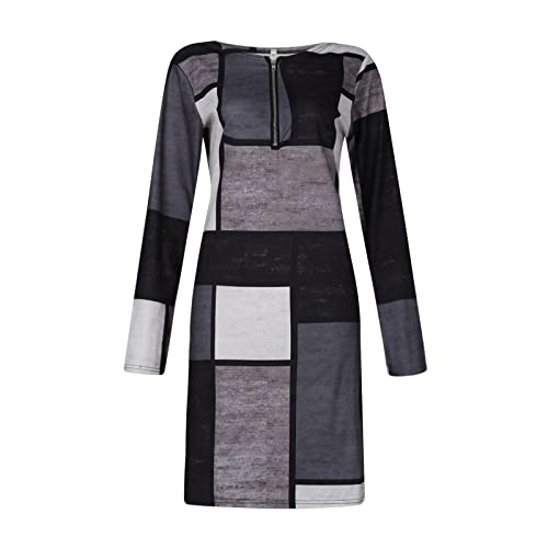 Midi Kleid Festlich, Kleid Festlich Damen Sommerkleid Kurz Hochzeitsgast Damen Casual Geometrisch Kariert Bedruckt Rundhalsausschnitt Langarm Gerades Kleid Musselin Kleid Strandkleid (Schwarz,XXL) von DRILEND