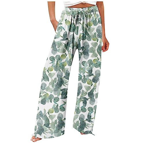 Outdoor Hosen Für Damen, Musselin Mittelalter Kleidung Damen Summer Hose Damen Mode Lose Lässige Solide Hohe Taille Weite Beine Hosen Culottes Hosen Damen 7/8 Sportanzug Stretch (Mintgrün,3XL) von DRILEND