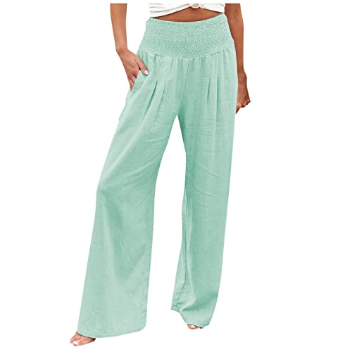 Plissee Hose Damen 7/8, Bauchweg Hose Damen Hosen Sommer Große Größen Damen Mode Lose Lässige Solide Hohe Taille Weite Beine Hosen Hose Wanderhose Damen Zip Off 90 Er Hosen (Mintgrün,S) von DRILEND