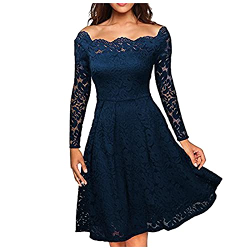 Sexy Damen Für, Kleid Lang Sommer Chiffonkleid Damen Damen Casual Fasion Solid Color Strapless Hollow Out Langarm Taille A-Linie Big Swing Spitze Mit Kleid Kleid Tüll Abendkleid Mit Ärmeln(Navy,5XL) von DRILEND